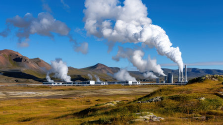 A geothermal power plant emits steam into the air, surrounded by a stunning landscape of mountains and clear blue sky, showcasing renewable energy in action.の素材