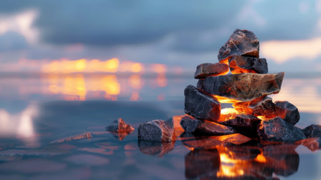 A mesmerizing scene depicting stacked stones reflecting the warm hues of a sunset over calm waters, evoking feelings of tranquility and harmony in nature.の素材