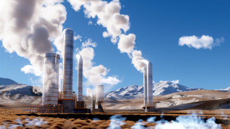 This stunning image showcases a futuristic industrial facility featuring smoke stacks against a vivid blue sky and mountain range, emphasizing technology.の素材