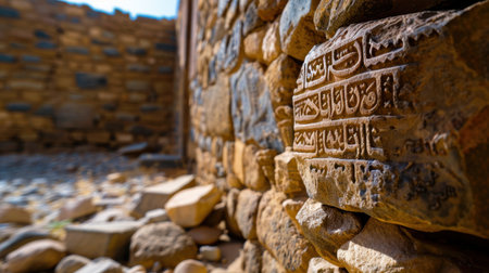 Close-up view of an ancient inscription etched on a weathered stone wall in desert ruins, showcasing artistry and rich history in warm natural light.の素材
