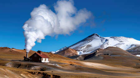A scenic view of a cabin emitting steam against a backdrop of volcanic mountains. This image captures the essence of remote wilderness and natural beauty.の素材