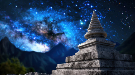 A stunning ancient stupa stands against a breathtaking night sky filled with the Milky Way, surrounded by majestic mountains, offering a peaceful scene.の素材