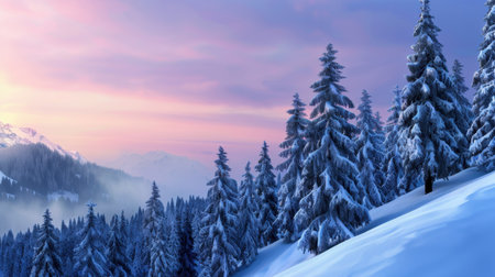 A breathtaking winter landscape featuring tall, snow-covered trees under a vibrant sunset sky. Explore this tranquil scene in a majestic mountain range.の素材