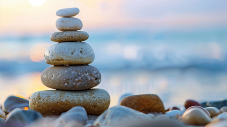 A stack of smooth stones rises above the sandy shore at sunrise, reflecting themes of balance and tranquility. Gentle waves create a soothing backdrop, ideal for relaxation.の素材