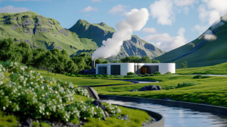 A beautifully designed sustainable house nestled in lush greenery, surrounded by majestic mountains and a flowing stream, ideal for nature lovers.の素材