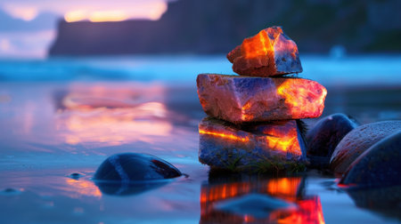 A picturesque beach scene featuring colorful rocks stacked harmoniously against a backdrop of gentle waves and a vibrant sunset sky.の素材