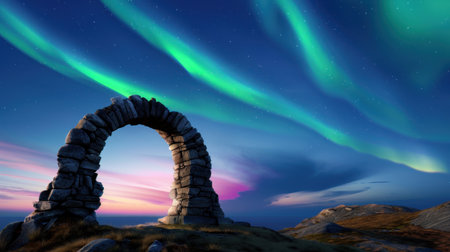 Stunning view of a stone arch illuminated by the mesmerizing aurora borealis above a tranquil landscape, capturing the magic of nature's beauty.の素材