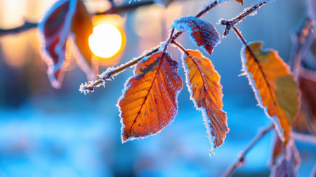 A stunning close-up of frost-covered autumn leaves catches the warm glow of sunset, highlighting the seasonal beauty and tranquility of nature's transition.の素材