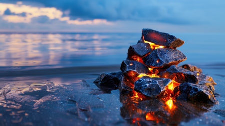 This captivating image features glowing rocks on a serene shoreline at dusk, with dramatic clouds and reflections on calm water, creating a tranquil atmosphere.の素材