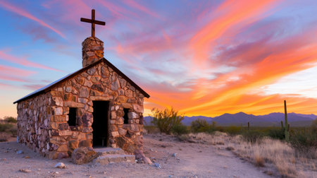 A picturesque scene of a rustic stone chapel against a vibrant sunset sky, showcasing warm colors and a tranquil desert landscape perfect for exploration.の素材