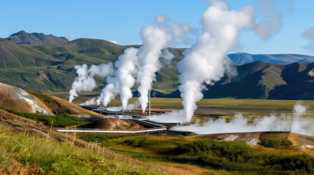 Beautiful geothermal power plant located in a breathtaking Icelandic landscape, showcasing steaming vents against a backdrop of majestic mountains and lush greenery.の素材