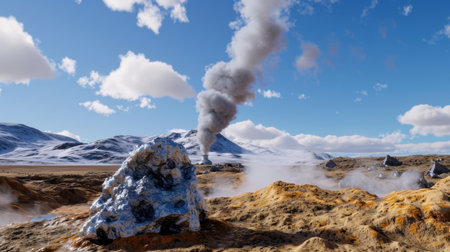 A breathtaking view of a unique volcanic landscape featuring plumes of smoke rising from geothermal sources, surrounded by rocky terrain and snow-capped mountains.の素材
