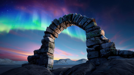 This stunning image features a stone arch illuminated by the vibrant colors of the aurora borealis in a serene winter landscape, creating a magical atmosphere.の素材