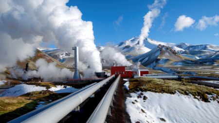 A stunning geothermal power plant located in Iceland showcases its industrial beauty amid a snowy landscape, with steam rising under a clear blue sky.の素材