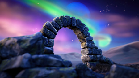 This captivating image features a mystical stone arch set against a stunning aurora borealis, showcasing vibrant colors in a serene night sky.の素材