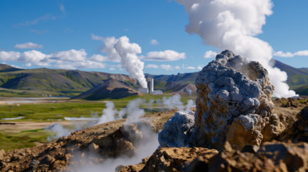 Breathtaking view of a geothermal landscape showcasing steam vents and rocky formations against a vibrant blue sky in Iceland. The natural beauty creates a tranquil atmosphere perfect for exploration.の素材