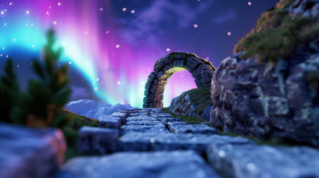 A stunning view of a stone archway illuminated by the enchanting colors of the aurora borealis in a serene night landscape, evoking a sense of wonder.の素材