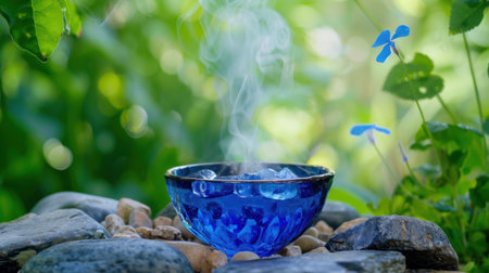 A vibrant blue glass bowl filled with ice releases soft steam, surrounded by smooth stones and lush greenery. This tranquil setting evokes peace and relaxation.の素材