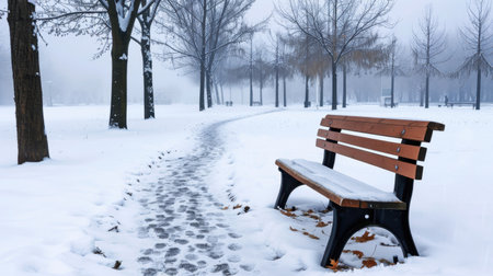 A serene snow-covered park scene shows a wooden bench alongside a misty pathway, surrounded by bare trees and soft white snow, symbolizing tranquility.の素材