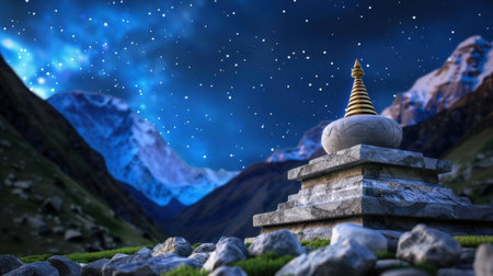 A tranquil stupa basks under a starry night sky, surrounded by majestic mountains. This serene landscape invites reflection and peace in a magical setting.の素材
