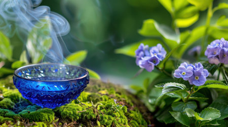 A beautiful blue bowl creates an atmosphere of tranquility with swirling smoke, placed on lush moss and complemented by delicate purple flowers in a serene natural environment.の素材