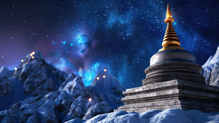 A stunning snow-covered landscape showcases a golden stupa under a vibrant starry sky, surrounded by majestic mountains, evoking peace and spirituality.の素材