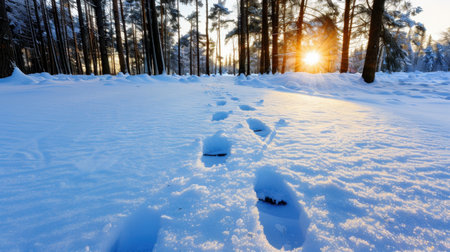 This captivating winter scene features footprints in freshly fallen snow, leading through a tranquil forest at sunrise, showcasing natureの素材