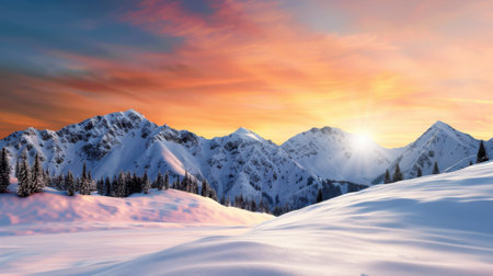 Experience the breathtaking beauty of a winter landscape showcasing majestic snow-capped mountains and lush pine trees under a vibrant sunrise.の素材