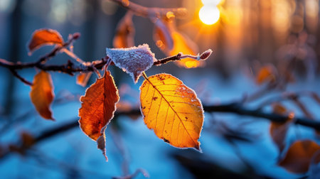 A stunning close-up of frosted autumn leaves illuminated by the warm glow of morning sunlight, with a blurred forest backdrop capturing nature's beauty.の素材