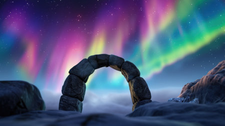 Experience the enchanting beauty of the aurora borealis as it dances above a stone arch in this serene landscape. The night sky bursts with vibrant colors, creating a magical atmosphere perfect for photographers and nature lovers.の素材