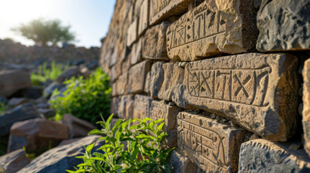 This captivating image features a close-up of an ancient stone wall adorned with mysterious inscriptions, set against a backdrop of lush greenery and soft sunlight.の素材