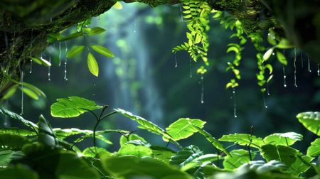 Explore a breathtaking tropical rainforest scene featuring lush green foliage and glistening water droplets, creating a tranquil yet vibrant atmosphere.の素材