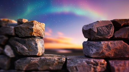 A stunning landscape featuring a rustic stone wall set against a vibrant aurora borealis in the twilight sky, creating a peaceful and serene atmosphere.の素材