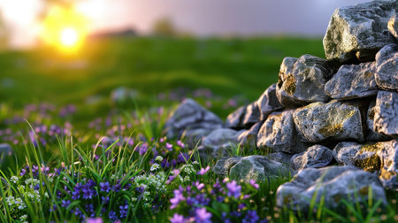 A serene view of a rugged stone pile on a green meadow filled with wildflowers, illuminated by the warm glow of a rising sun in the background.の素材