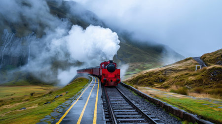 A vintage red locomotive emits steam as it travels through misty mountains, surrounded by lush green hills and dramatic cloudy skies, capturing nature's beauty.の素材