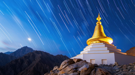 A breathtaking view of a golden stupa illuminated under a starry night sky, surrounded by majestic mountains. Ideal for travel and cultural themes.の素材