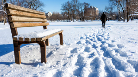 A serene winter scene captures a bench covered in fresh snow, with footprints leading into the distance under a clear blue sky, inviting contemplation.の素材