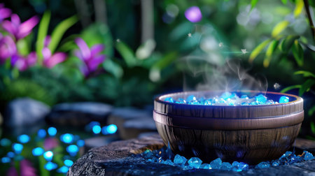 A captivating image of a wooden bowl filled with glowing blue crystals emits soft steam, set against a backdrop of lush greenery and vibrant flowers.の素材