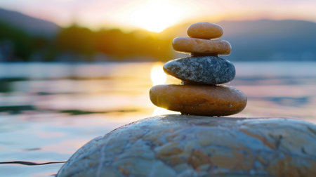 This stunning image features a carefully stacked arrangement of smooth pebbles resting on a larger stone in serene waters. The warm glow of sunset creates a calm atmosphere, perfect for evoking feelings of balance and tranquility.の素材