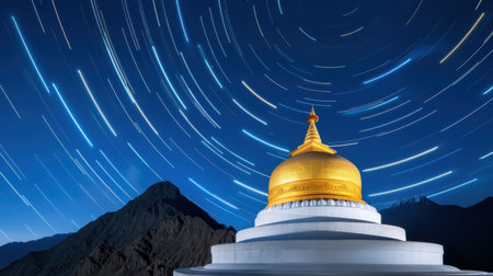 A stunning image of a golden stupa illuminated under a vibrant night sky, showcasing star trails and a majestic mountain backdrop, evoking tranquility and spirituality.の素材