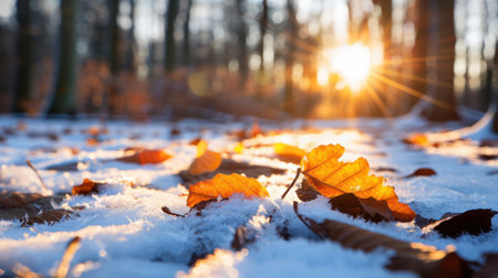 A captivating scene of autumn leaves resting on a snowy ground, illuminated by the soft glow of sunlight filtering through trees in a serene forest.の素材