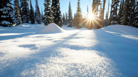 A beautiful winter scene featuring a blanket of untouched snow covering the ground, with evergreen trees illuminated by warm sunlight filtering through.の素材