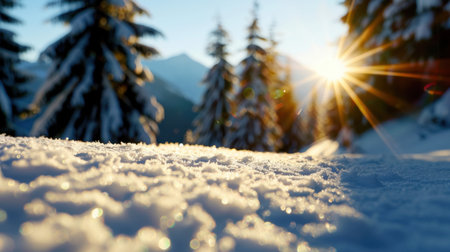 A breathtaking winter scene showcasing a snowy landscape illuminated by the warm glow of sunrise, surrounded by majestic pine trees and mountains.の素材