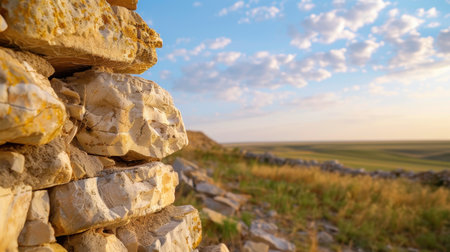 Captivating view of rocks against a serene landscape at sunset, featuring a cloudy sky and rolling fields, perfect for nature lovers and adventurers.の素材