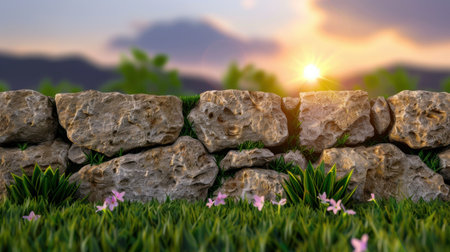 A stunning sunset casts warm light over a rustic stone wall, adorned with lush green grass and delicate flowers, creating a serene natural setting.の素材