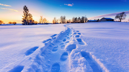 A captivating winter scene featuring footprints in soft snow leading toward a colorful sunset. The tranquil landscape showcases serene trees and a peaceful sky.の素材