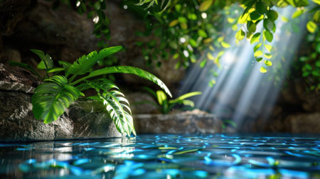 A tranquil scene featuring a shimmering water surface surrounded by lush green plants and sunlight filtering through dense foliage, creating a serene atmosphere.の素材