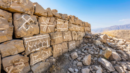 This captivating image showcases ancient rock art on a stone wall, featuring intricate symbols and petroglyphs set against a breathtaking arid landscape.の素材