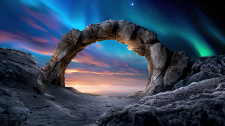A stunning view of a natural rock arch illuminated by northern lights above a serene seascape at dusk, offering a captivating landscape for nature enthusiasts.の素材
