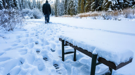 A tranquil winter scene features a man walking along a snow-covered path beside a frozen river, with tall pine trees lining the landscape. The bench in the foreground invites peaceful reflection amidst nature's beauty.の素材